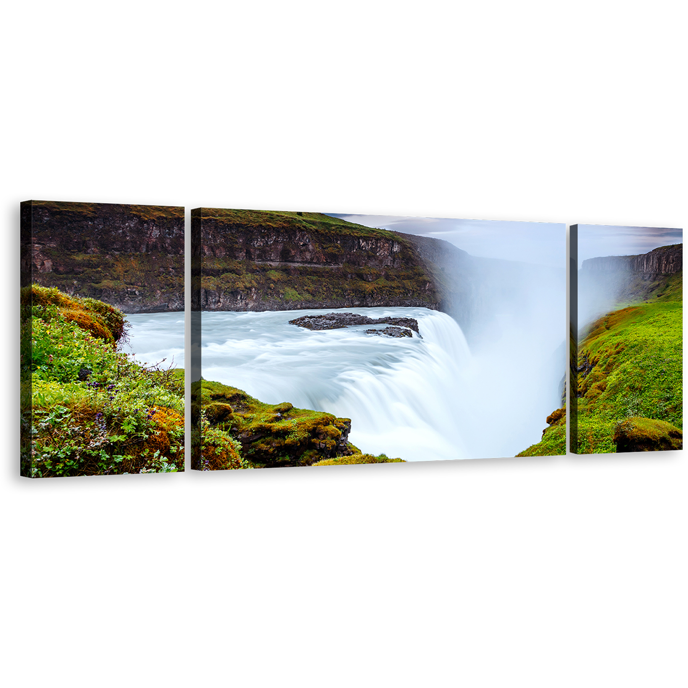 Ionic Waterfalls Canvas Wall Art, Green Waterfall Landscape Golden Falls 3 Piece Canvas Print, White River in Iceland Europe Multiple Canvas