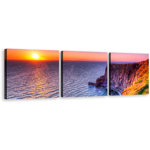 Ireland Mountain Wall Art, Blue Cliff of Moher Ireland Triptych Canvas Print, Orange Ocean Cliff Sunset Canvas Set