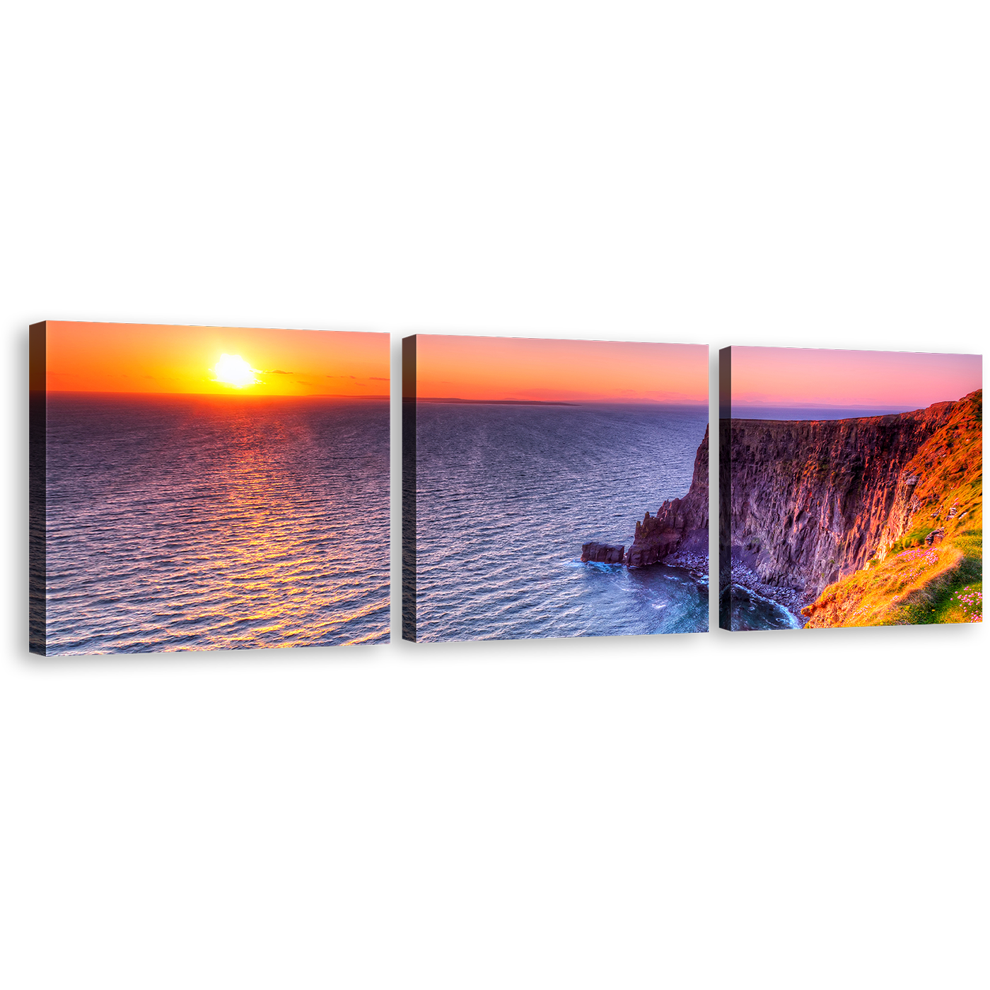 Ireland Mountain Wall Art, Blue Cliff of Moher Ireland Triptych Canvas Print, Orange Ocean Cliff Sunset Canvas Set