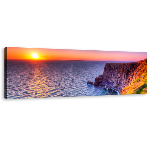 Ireland Ocean Wall Art, Blue Ocean Mountains Ireland Canvas Print, Cliff of Moher Orange Sunset Panoramic Canvas Art