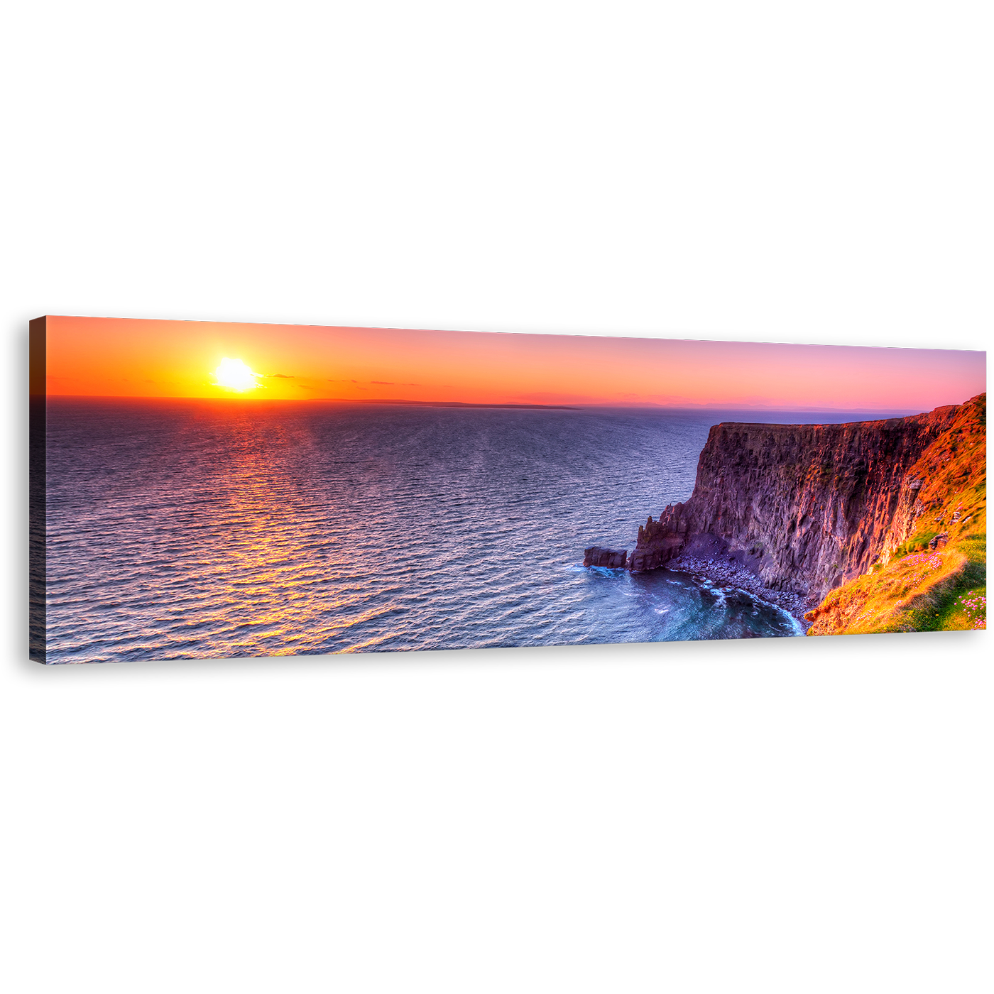 Ireland Ocean Wall Art, Blue Ocean Mountains Ireland Canvas Print, Cliff of Moher Orange Sunset Panoramic Canvas Art