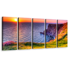 Load image into Gallery viewer, Ireland Sunset Canvas Print, Blue Orange Ocean Mountains Reflection Multi Canvas, Cliff of Moher Ireland 5 Piece Wall Art
