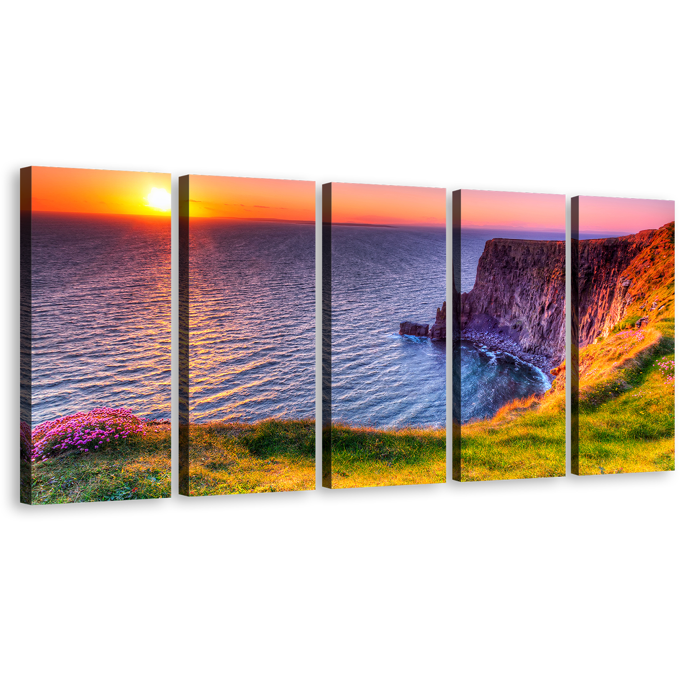 Ireland Sunset Canvas Print, Blue Orange Ocean Mountains Reflection Multi Canvas, Cliff of Moher Ireland 5 Piece Wall Art