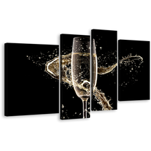 Load image into Gallery viewer, Isolated Champagne Canvas Wall Art, Champagne With Splash 4 Piece Canvas Print, Black Background Luxury Champagne Multi Canvas
