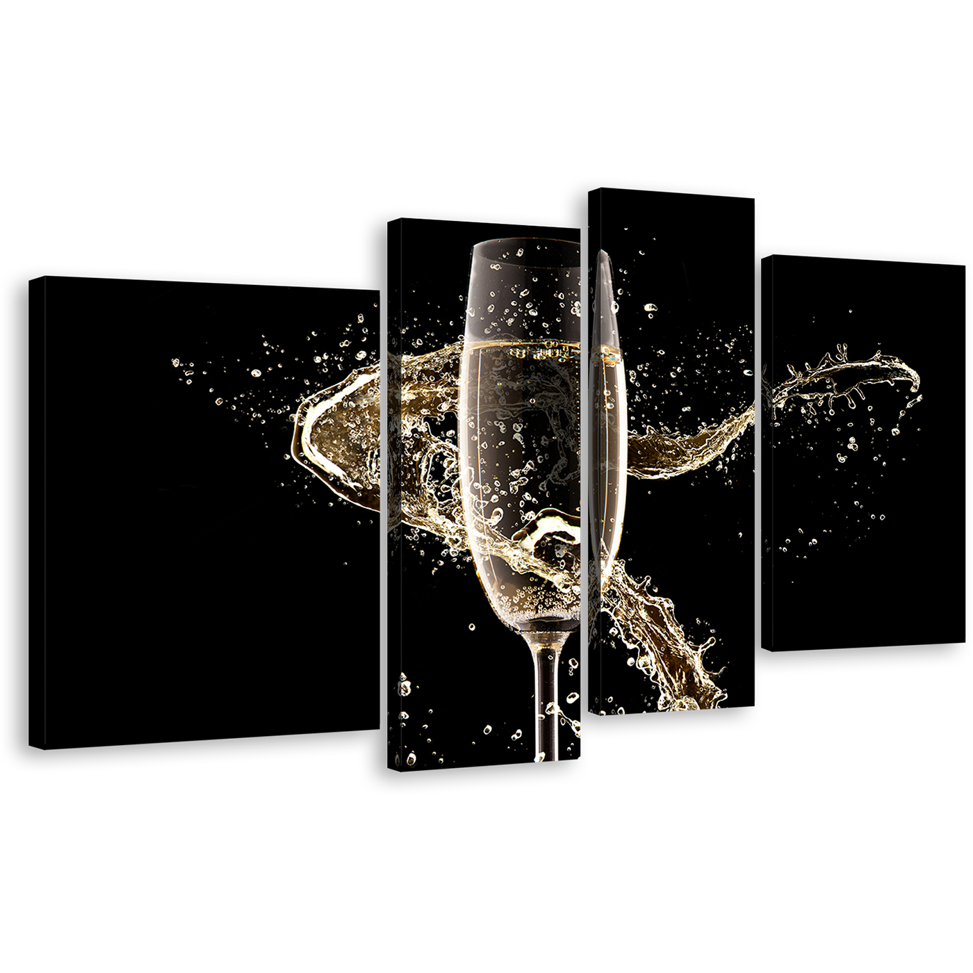 Isolated Champagne Canvas Wall Art, Champagne With Splash 4 Piece Canvas Print, Black Background Luxury Champagne Multi Canvas