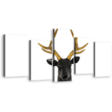 Load image into Gallery viewer, Isolated Deer Canvas Wall Art, White Deer Background 5 Piece Canvas, Black Deer Head Multi Canvas, Brown Deer Canvas Set
