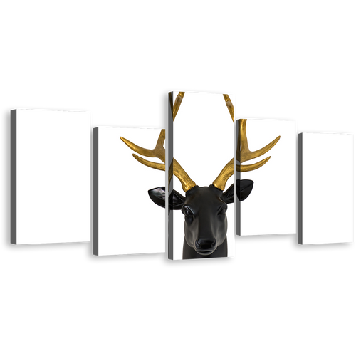 Isolated Deer Canvas Wall Art, White Deer Background 5 Piece Canvas, Black Deer Head Multi Canvas, Brown Deer Canvas Set