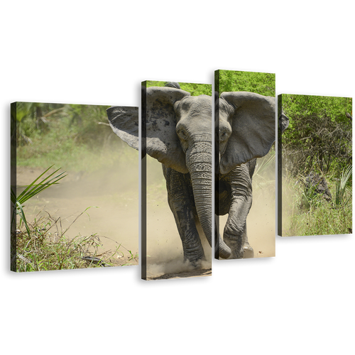 Isolated Elephant Canvas Wall Art, Green Trees Scenery Elephant Multi Canvas, Grey Elephant Animal 4 Piece Canvas Print