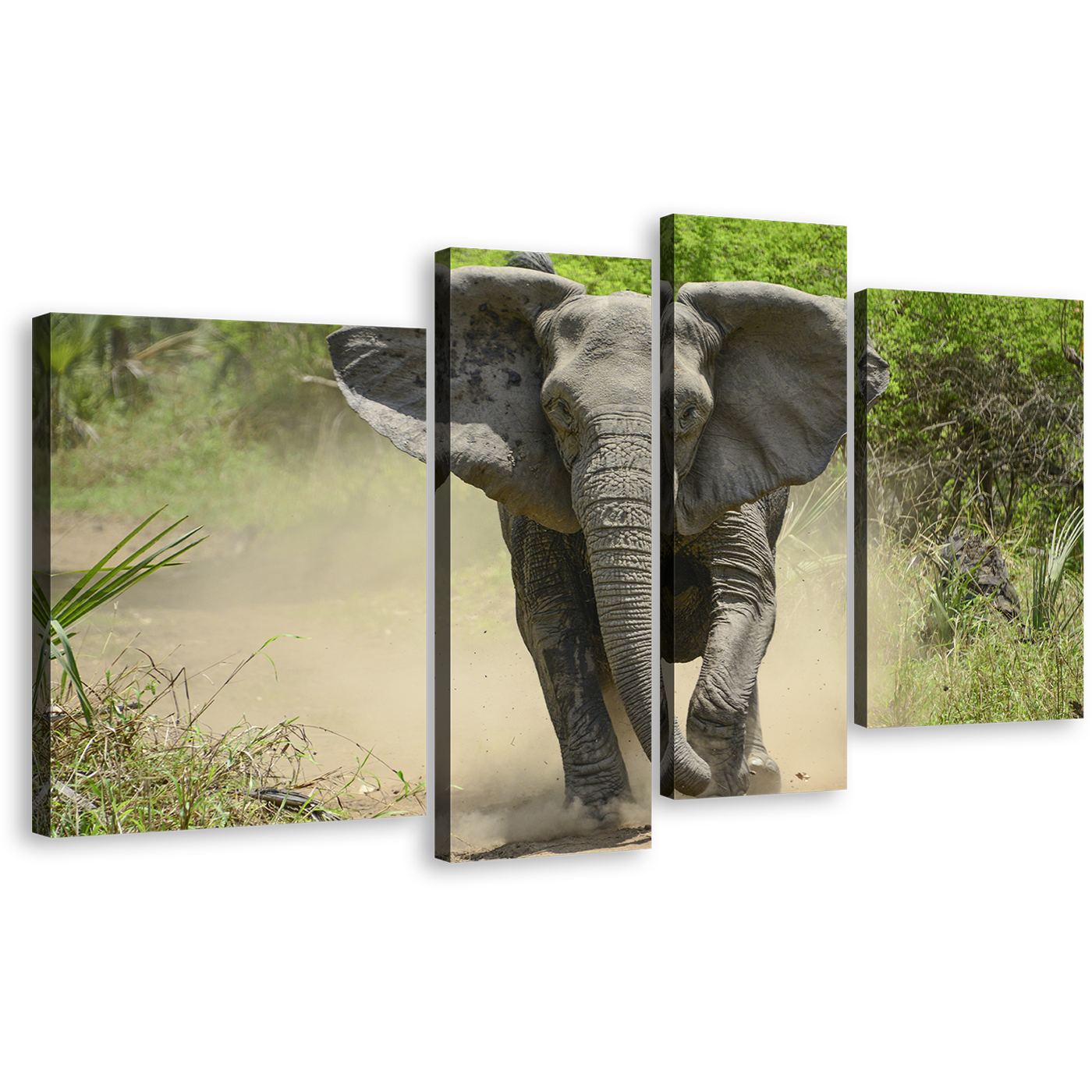 Isolated Elephant Canvas Wall Art, Green Trees Scenery Elephant Multi Canvas, Grey Elephant Animal 4 Piece Canvas Print