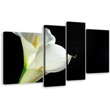 Load image into Gallery viewer, Isolated Flower Canvas Print, Calla Lilies 4 Piece Canvas Wall Art, White Lily Black Background Multiple Canvas
