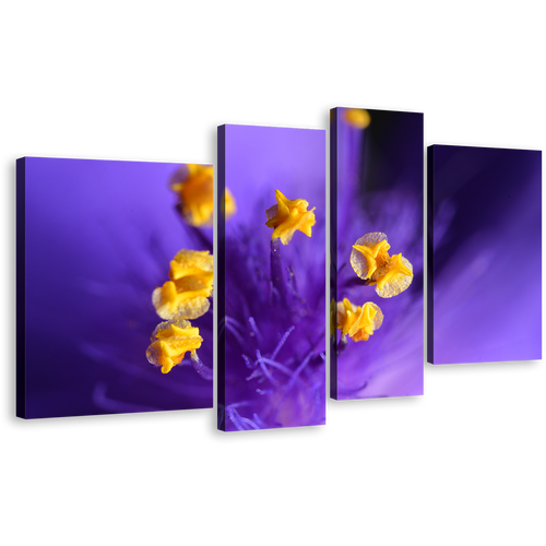 Isolated Flower Canvas Print, Yellow Pistil 4 Piece Canvas Wall Art, Purple Floral Digital Painting Multiple Canvas