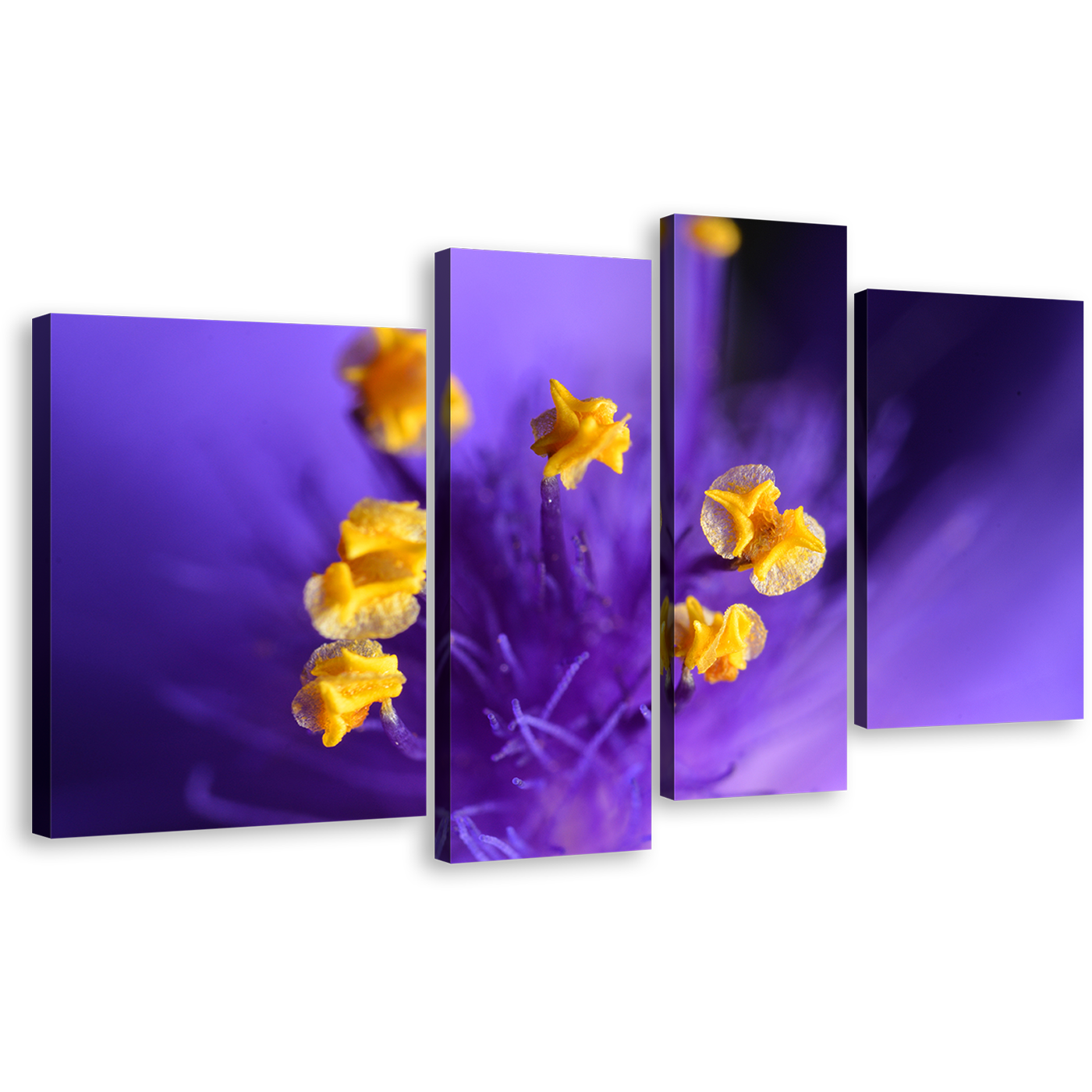 Isolated Flower Canvas Print, Yellow Pistil 4 Piece Canvas Wall Art, Purple Floral Digital Painting Multiple Canvas