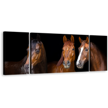 Load image into Gallery viewer, Isolated Horses Canvas Wall Art, Isolated Brown Horses 3 Piece Multiple Canvas, Horses Black Background Triptych Canvas Print
