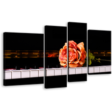 Load image into Gallery viewer, Isolated Piano Canvas Wall Art, Black White Musical Piano 4 Piece Multi Canvas, Vintage Pink Rose Piano Canvas Print
