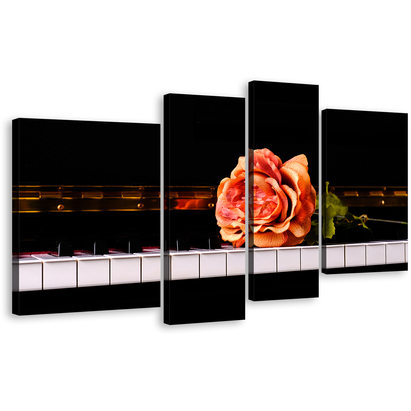 Isolated Piano Canvas Wall Art, Black White Musical Piano 4 Piece Multi Canvas, Vintage Pink Rose Piano Canvas Print