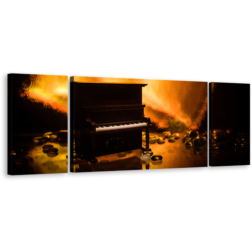 Isolated Piano Canvas Wall Art, Orange Abstract Piano Elegance 3 Piece Canvas Print, Black Grand Piano Multi Canvas