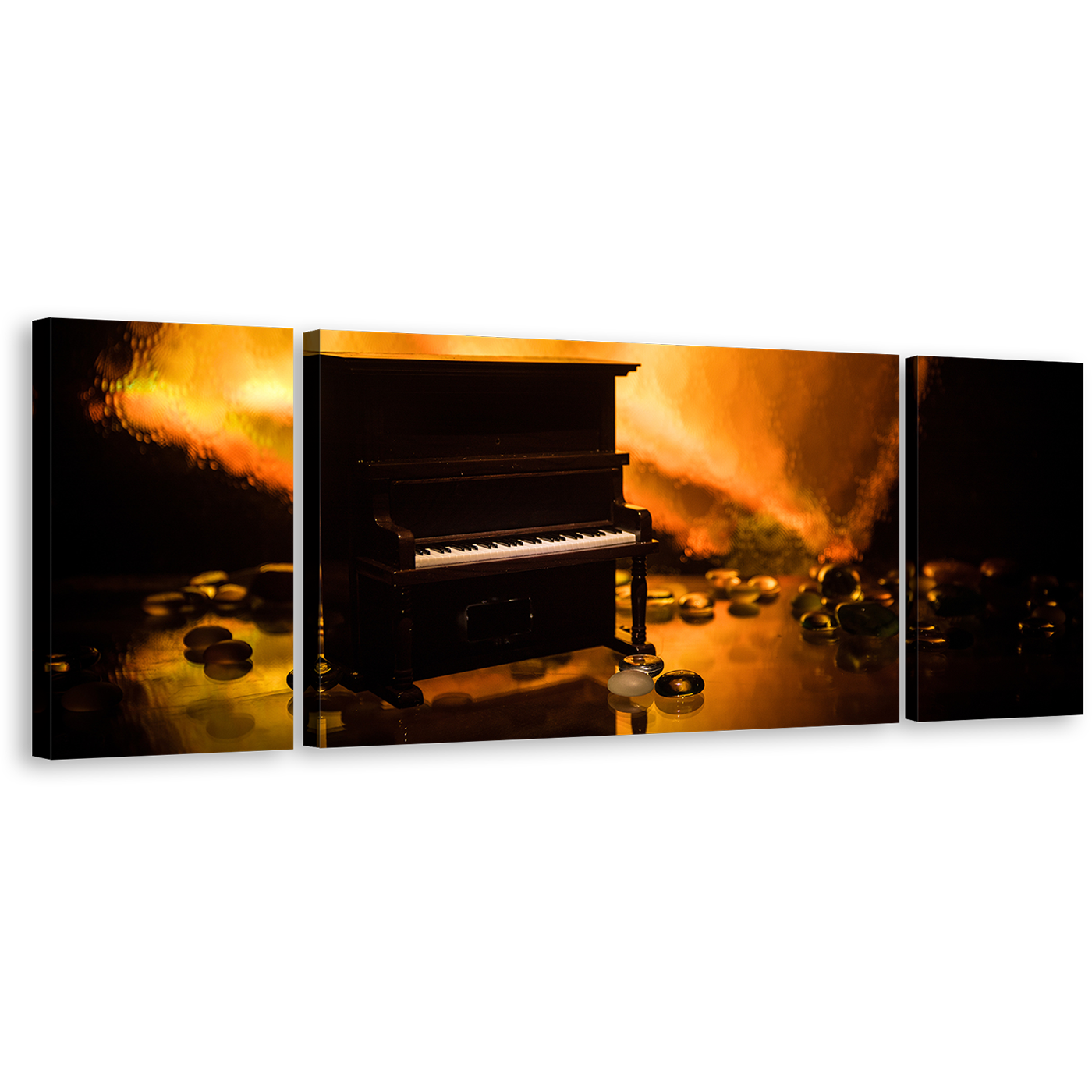 Isolated Piano Canvas Wall Art, Orange Abstract Piano Elegance 3 Piece Canvas Print, Black Grand Piano Multi Canvas