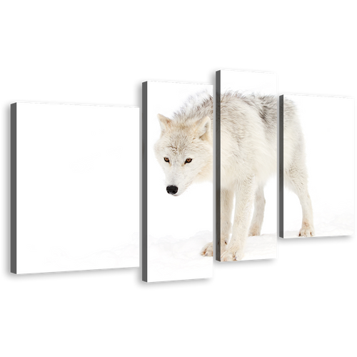 Isolated Wolf Canvas Wall Art, White Wolf Walking 4 Piece Canvas, Arctic Animal Canvas Print