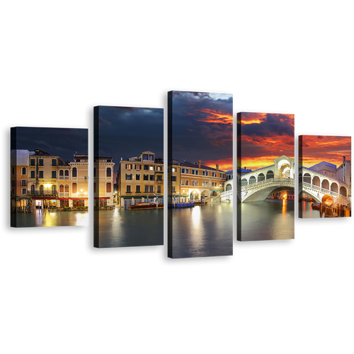 Italy Bridge Canvas Print, Beautiful Ponte Rialto Canvas Set, Grey Venice City Gondola Seascape 5 Piece Canvas Wall Art, Dramatic Orange Cloudy Sunset Sky Multi Canvas