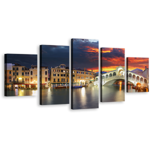 Italy Bridge Canvas Print, Beautiful Ponte Rialto Canvas Set, Grey Venice City Gondola Seascape 5 Piece Canvas Wall Art, Dramatic Orange Cloudy Sunset Sky Multi Canvas