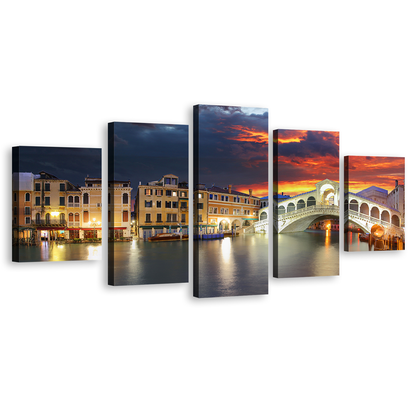 Italy Bridge Canvas Print, Beautiful Ponte Rialto Canvas Set, Grey Venice City Gondola Seascape 5 Piece Canvas Wall Art, Dramatic Orange Cloudy Sunset Sky Multi Canvas