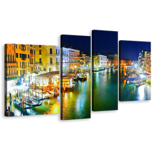 Load image into Gallery viewer, Italy Harbor Canvas Wall Art, Venice at Blue Night Sky 4 Piece Multiple Canvas, Yellow Grand Canal City View Canvas Print
