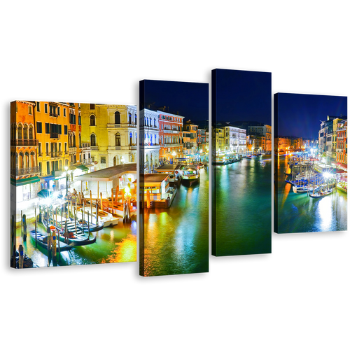 Italy Harbor Canvas Wall Art, Venice at Blue Night Sky 4 Piece Multiple Canvas, Yellow Grand Canal City View Canvas Print