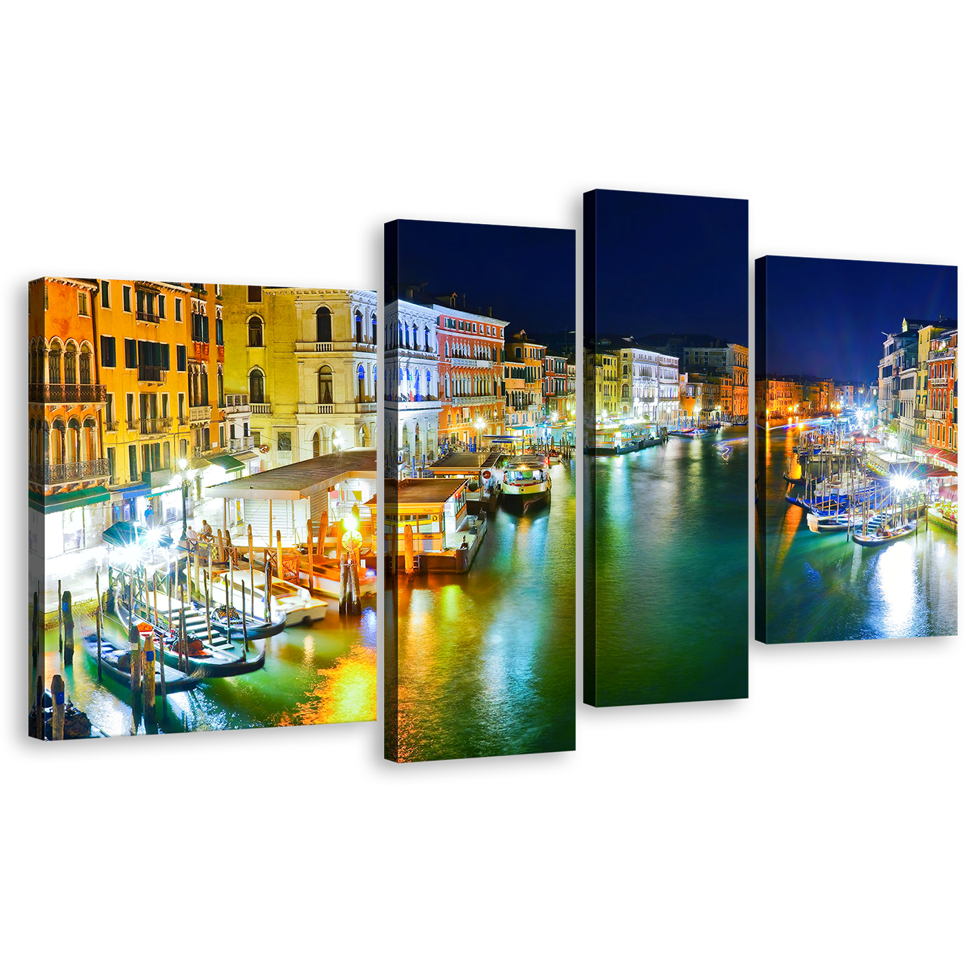 Italy Harbor Canvas Wall Art, Venice at Blue Night Sky 4 Piece Multiple Canvas, Yellow Grand Canal City View Canvas Print