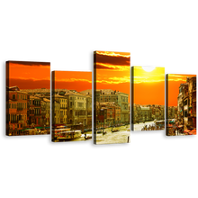 Load image into Gallery viewer, Italy Harbor Wall Art, Venice Orange Sunset Gondola Ride Canvas 5 Piece Multiple Canvas, Yellow Grand Canal City View Canvas Print
