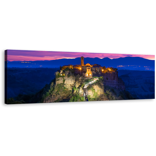 Italy Mountain Canvas Wall Art, Brown Ancient Castle Mountain 1 Piece Canvas Print, Purple Sky Mountain Sunrise Canvas Artwork