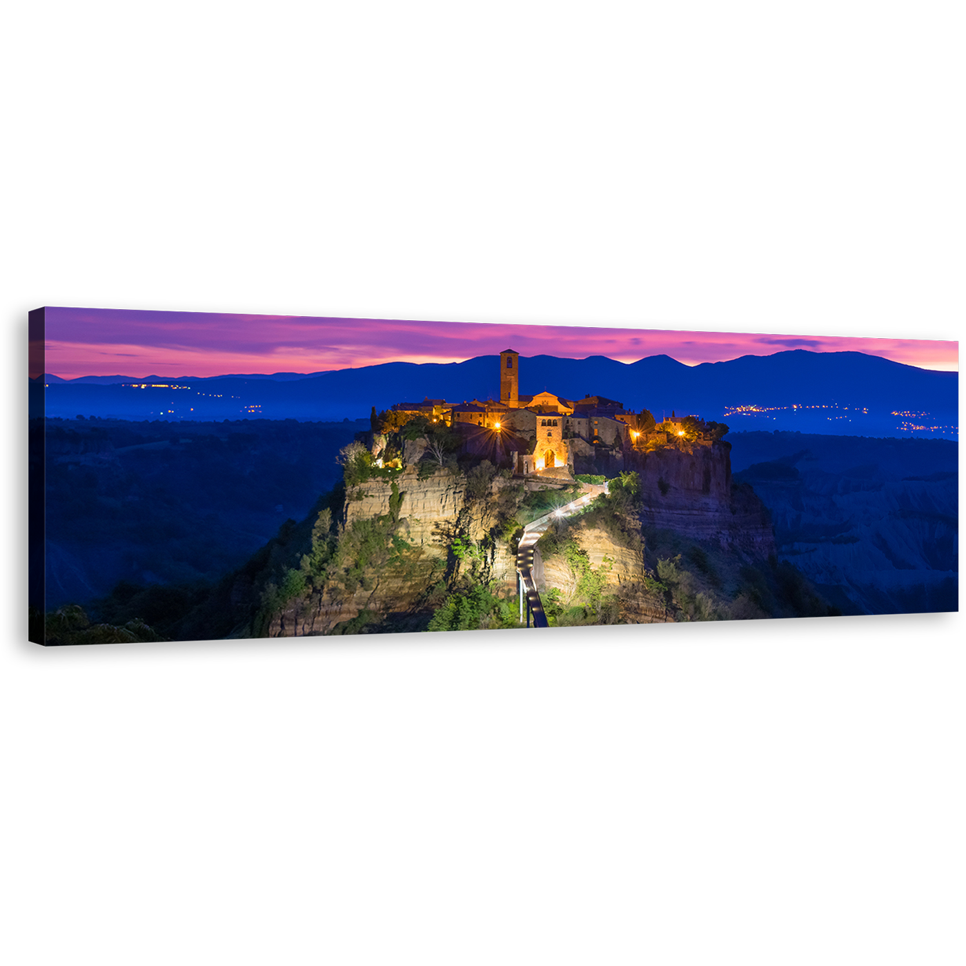 Italy Mountain Canvas Wall Art, Brown Ancient Castle Mountain 1 Piece Canvas Print, Purple Sky Mountain Sunrise Canvas Artwork