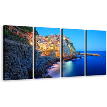 Load image into Gallery viewer, Italy Ocean Wall Art, Manarola Evening Blue Sky 4 Piece Canvas Print, Yellow Cinque Terre Mountain Village Canvas Set
