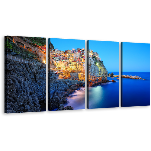 Italy Ocean Wall Art, Manarola Evening Blue Sky 4 Piece Canvas Print, Yellow Cinque Terre Mountain Village Canvas Set