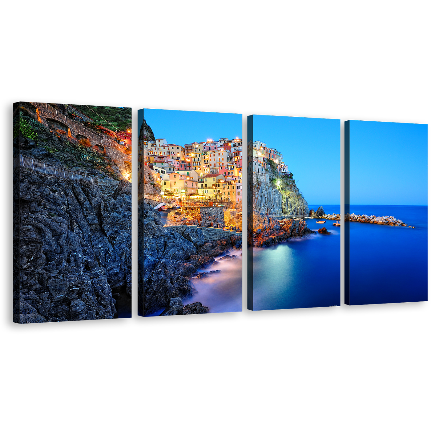 Italy Ocean Wall Art, Manarola Evening Blue Sky 4 Piece Canvas Print, Yellow Cinque Terre Mountain Village Canvas Set