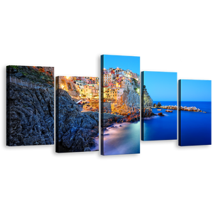 Italy Sea Canvas Print, Yellow Cinque Terre Mountain Village 5 Piece Multiple Canvas, Manarola National Park Blue Ocean City Sky Wall Art