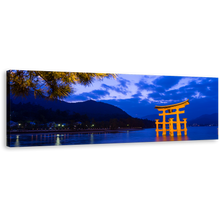 Load image into Gallery viewer, Itsukushima Shrine Canvas Print, Vibrant Blue Evening Sky Ocean Mountain View Panoramic Canvas, Shinto City Beach Wall Art
