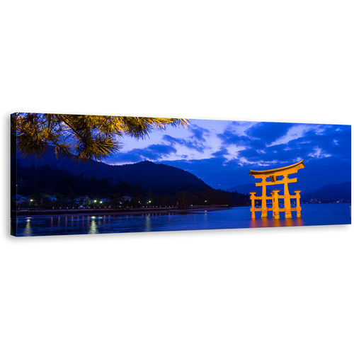 Itsukushima Shrine Canvas Print, Vibrant Blue Evening Sky Ocean Mountain View Panoramic Canvas, Shinto City Beach Wall Art