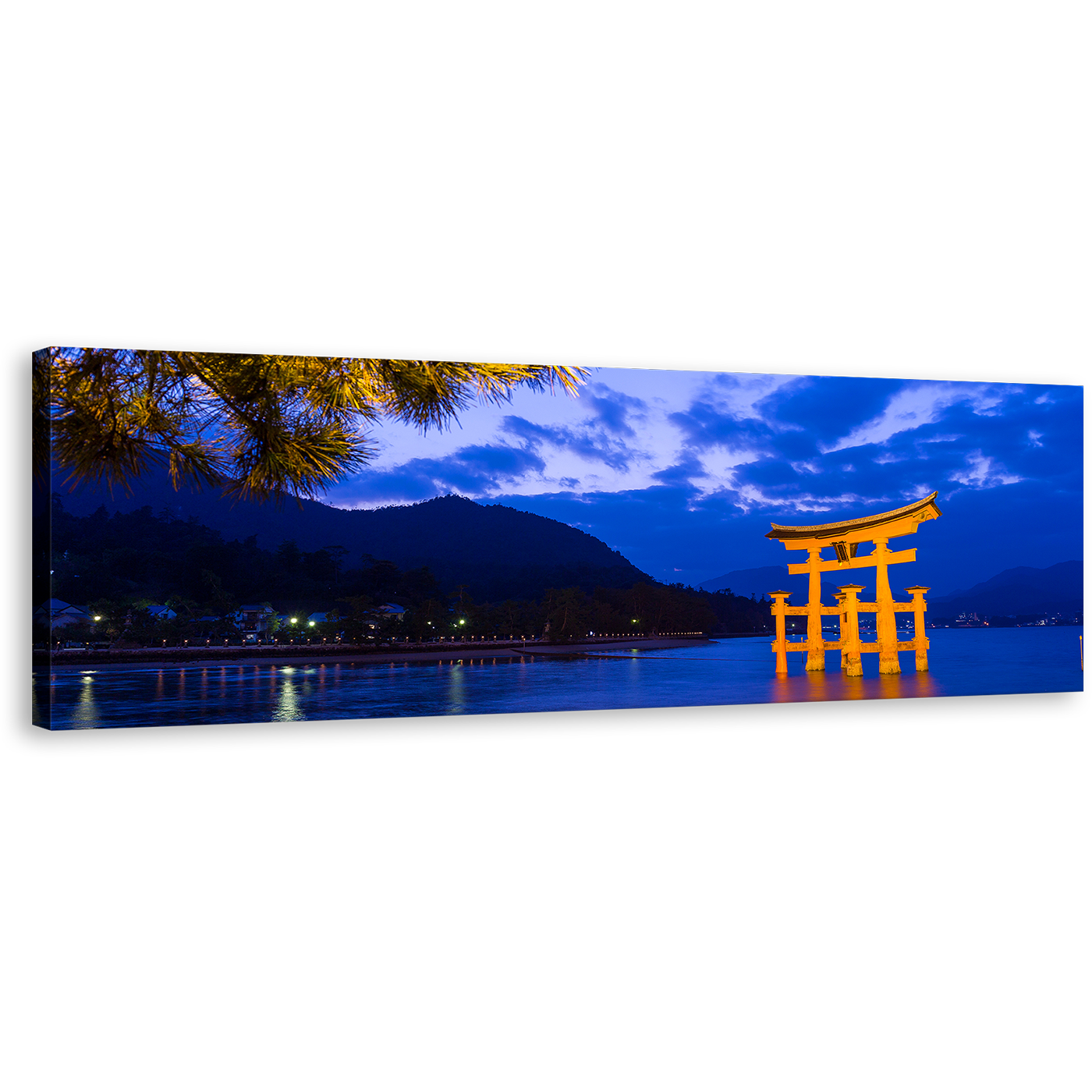 Itsukushima Shrine Canvas Print, Vibrant Blue Evening Sky Ocean Mountain View Panoramic Canvas, Shinto City Beach Wall Art