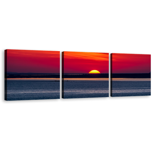 Izmir Sea Canvas Wall Art, Red Orange Ocean Sky 3 Piece Canvas Print, Turkey Grey Ocean Multi Canvas Artwork