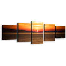 Load image into Gallery viewer, Izmir Sea Canvas Wall Art, Turkey Brown Ocean Canvas Print, Yellow Orange Ocean Sky 5 Piece Multi Canvas
