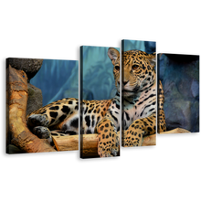 Load image into Gallery viewer, Jaguar Portrait Canvas Wall Art, Yellow White Jaguar Animal Multi Canvas Artwork, Jaguar Resting 4 Piece Canvas Print
