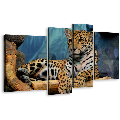 Jaguar Portrait Canvas Wall Art, Yellow White Jaguar Animal Multi Canvas Artwork, Jaguar Resting 4 Piece Canvas Print