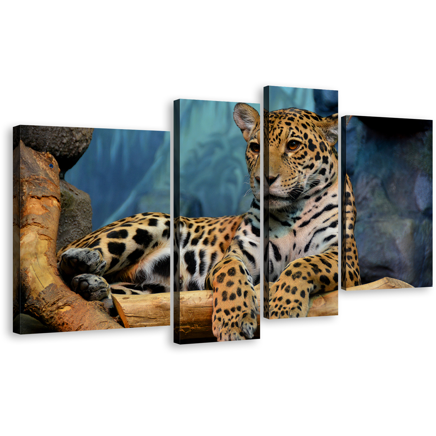 Jaguar Portrait Canvas Wall Art, Yellow White Jaguar Animal Multi Canvas Artwork, Jaguar Resting 4 Piece Canvas Print