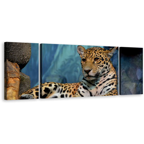 Jaguar Resting Canvas Wall Art, Jaguar Portrait 3 Piece Canvas Print, Yellow White Jaguar Animal Multi Canvas