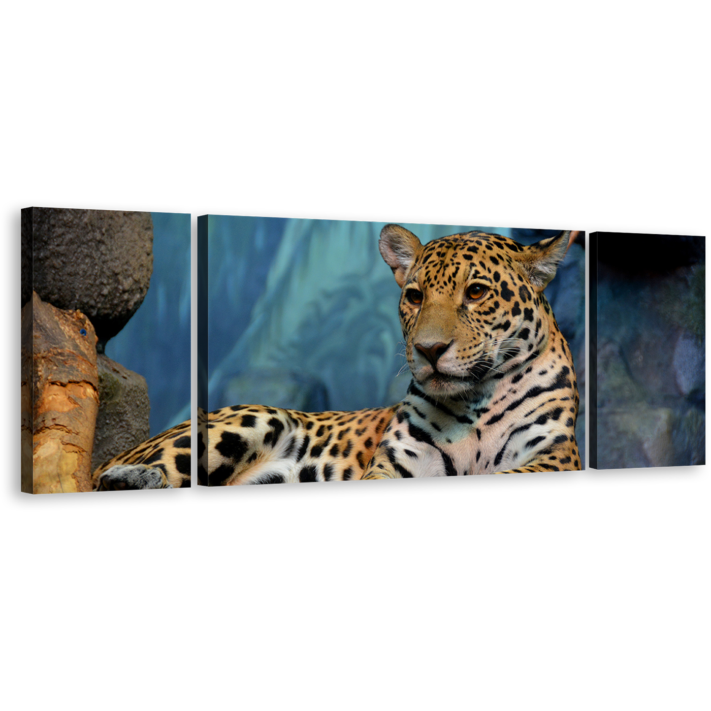 Jaguar Resting Canvas Wall Art, Jaguar Portrait 3 Piece Canvas Print, Yellow White Jaguar Animal Multi Canvas