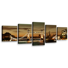 Load image into Gallery viewer, James River Canvas Wall Art, Cloudy Brown London City Bridge 5 Piece Canvas Print, Yellow Tower Bridge Multi Panel Canvas
