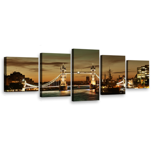 James River Canvas Wall Art, Cloudy Brown London City Bridge 5 Piece Canvas Print, Yellow Tower Bridge Multi Panel Canvas