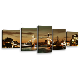 James River Canvas Wall Art, Cloudy Brown London City Bridge 5 Piece Canvas Print, Yellow Tower Bridge Multi Panel Canvas