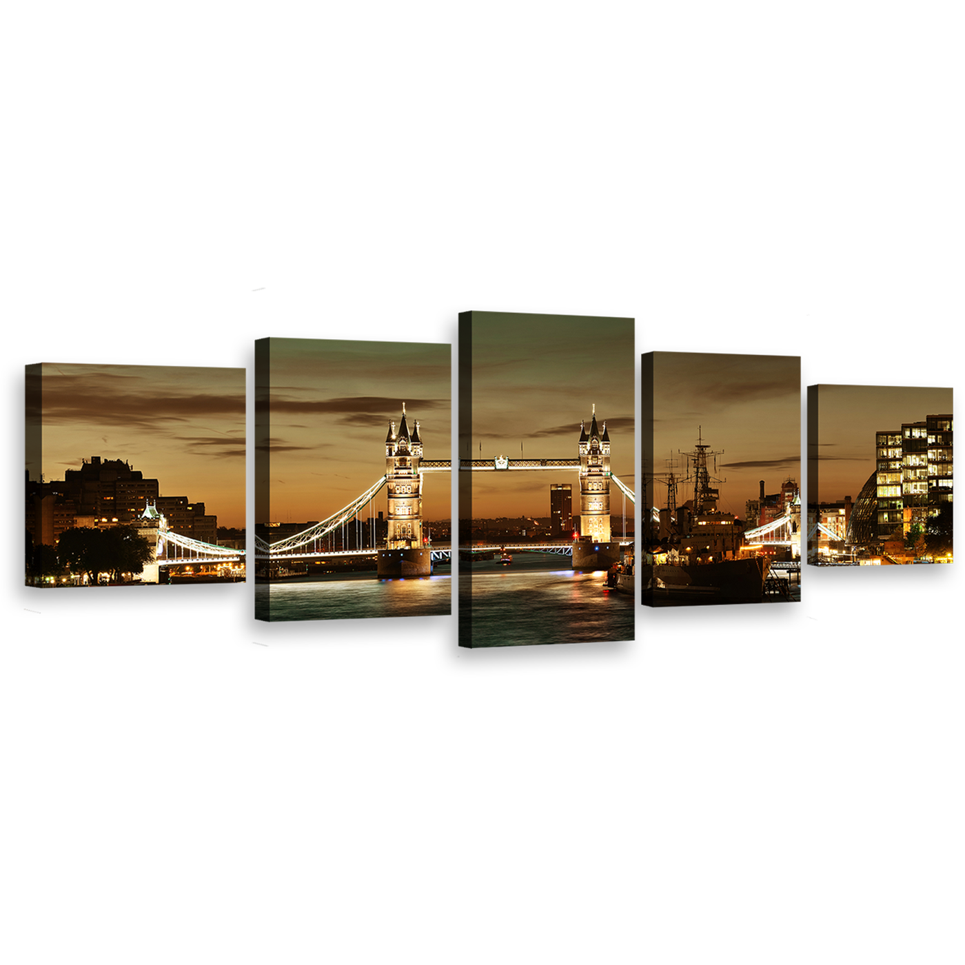 James River Canvas Wall Art, Cloudy Brown London City Bridge 5 Piece Canvas Print, Yellow Tower Bridge Multi Panel Canvas