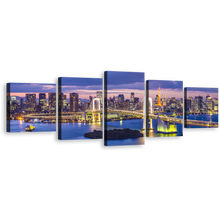 Load image into Gallery viewer, Japan Cityscape Wall Art, Beautiful Yellow Rainbow City Bridge 5 Piece Canvas Set, Tokyo Bay Brilliance Blue Skyline Canvas Print
